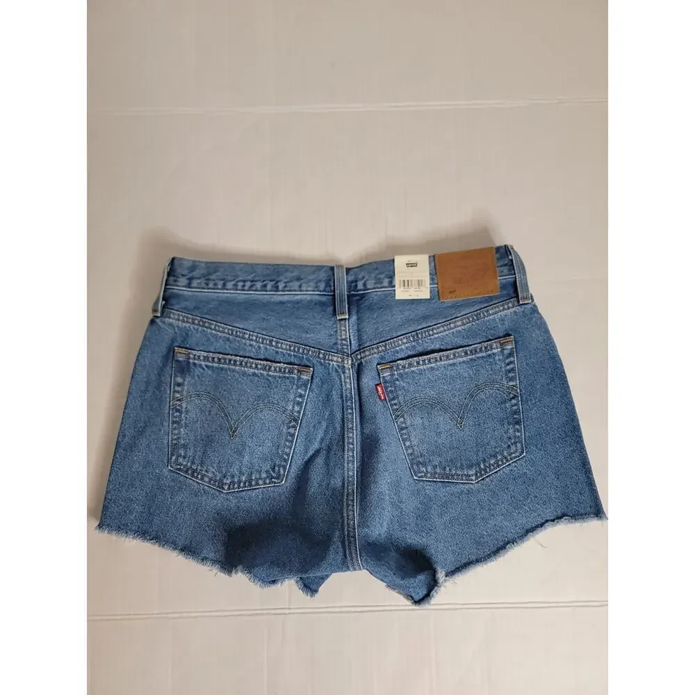 Levis Premium 501 Denim Shorts SZ 32 High Rise Button Fly Distressed Big E NEW